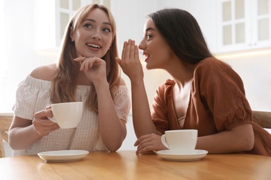 Young women talking while drinking tea at table in kitchen
