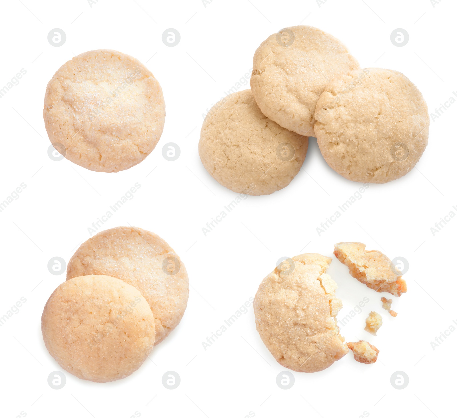 Image of Set with tasty sugar cookies on white background, top view