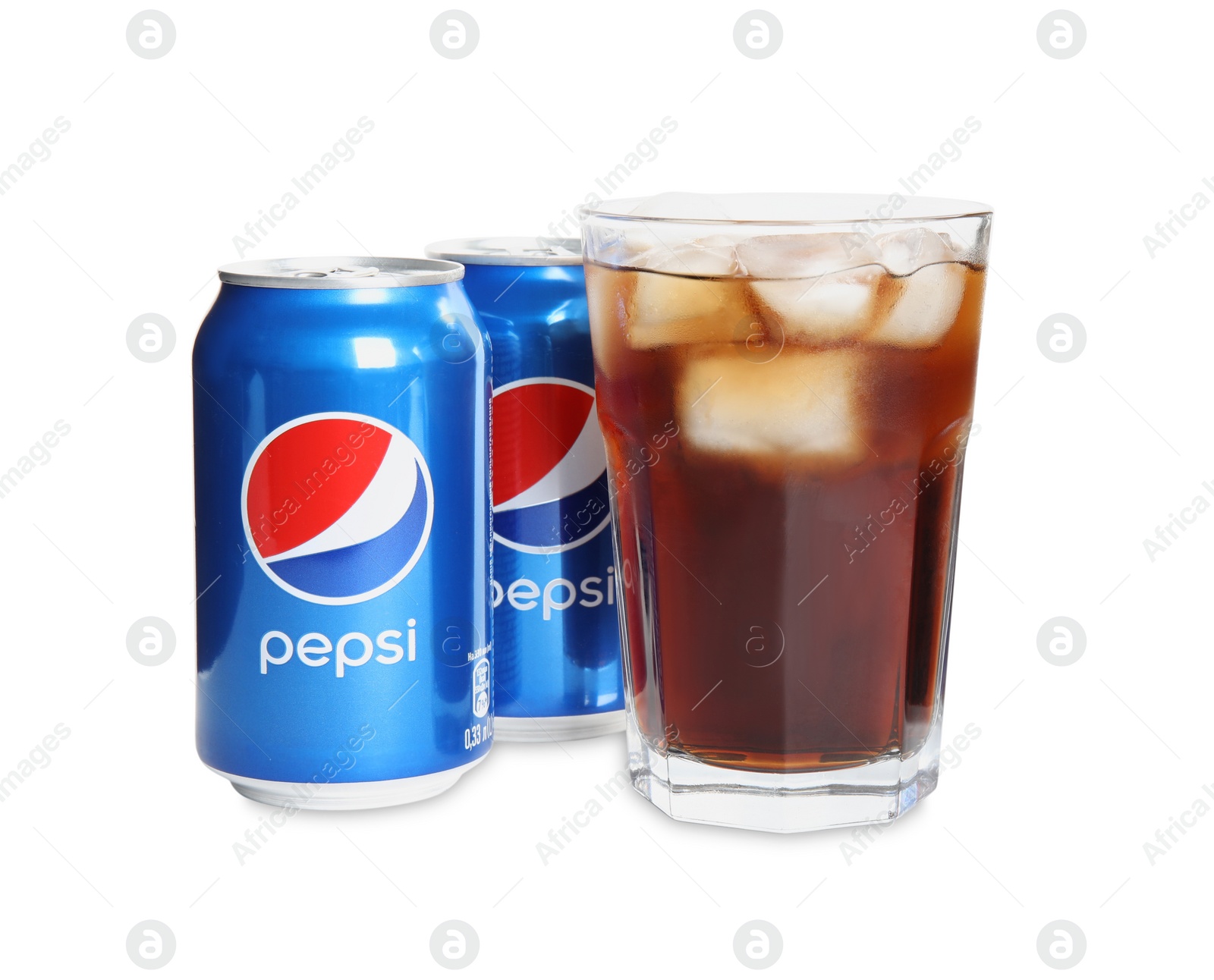 Photo of MYKOLAIV, UKRAINE - FEBRUARY 10, 2021: Glass and cans of Pepsi on white background