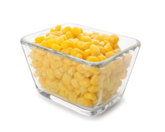 Photo of Bowl with corn kernels on white background