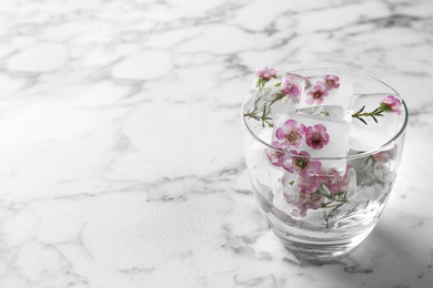 Photo of Glass of water with floral ice cubes on table. Space for text