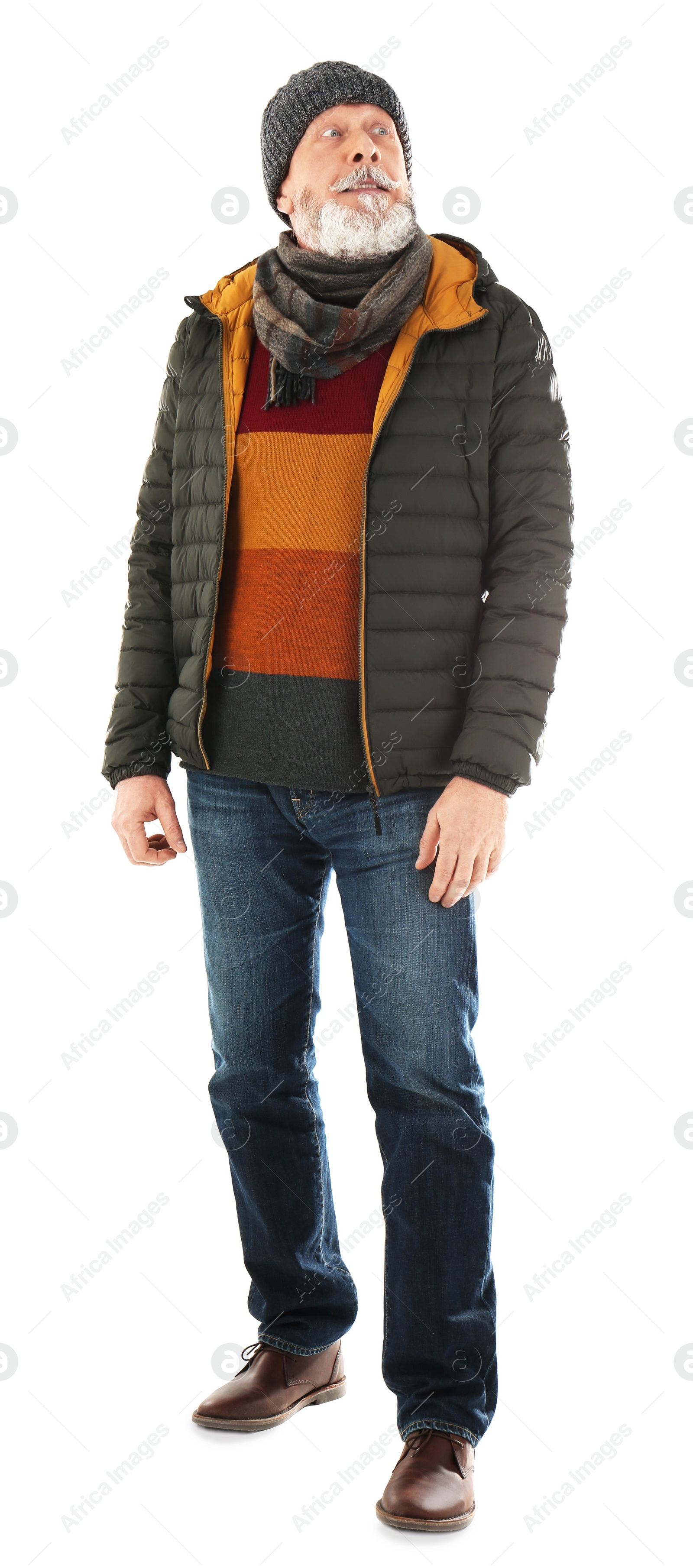 Photo of Mature man in warm clothing on white background. Ready for winter vacation