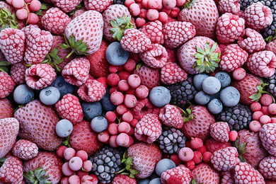 Mix of different frozen berries as background, top view