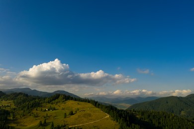 Image of Aerial view of beautiful mountain landscape with forest on sunny day. Drone photography