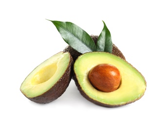 Photo of Ripe fresh avocados on white background