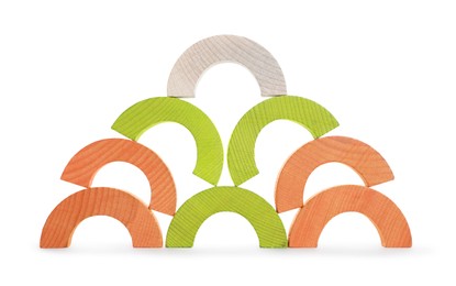 Photo of Colorful wooden pieces of play set isolated on white. Educational toy for motor skills development