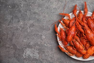 Photo of Delicious boiled crayfishes on grey table, top view. Space for text