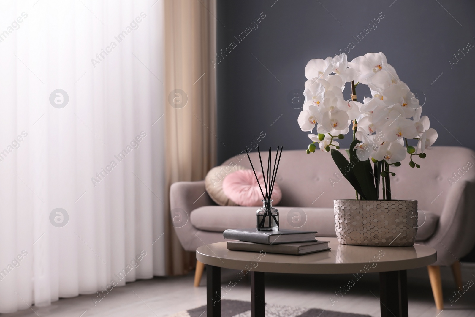 Photo of Beautiful orchid, books and air reed freshener on table indoors