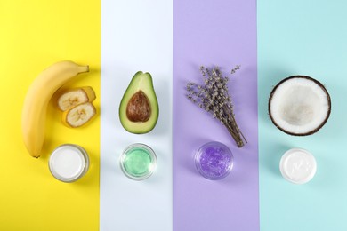 Photo of Flat lay composition with homemade cosmetic products and fresh ingredients on color background. DIY beauty recipe