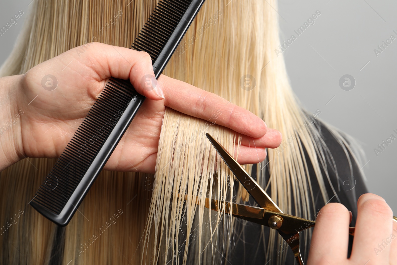 Photo of Hairdresser cutting client's hair with scissors on light grey background, closeup