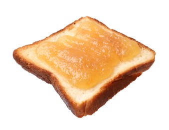 Photo of Piece of fresh toast bread with tasty jam isolated on white