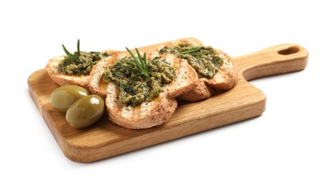 Photo of Tasty bruschettas with pesto, rosemary and olives on white background