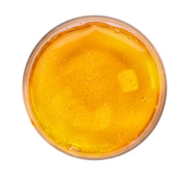 Photo of Orange slime with glitter in plastic container isolated on white, top view. Antistress toy