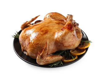 Photo of Tasty roasted chicken with lemon and rosemary isolated on white