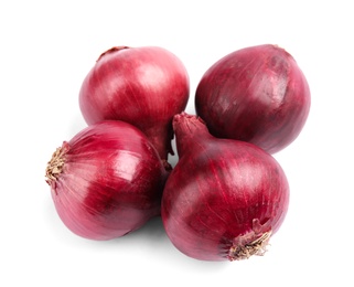 Photo of Ripe red onions on white background
