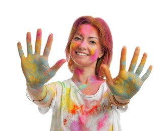 Woman covered with colorful powder dyes on white background. Holi festival celebration