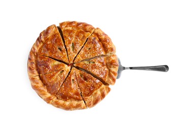 Photo of Cut delicious homemade pie and server isolated on white, top view