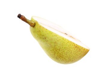 Photo of Half of ripe pear on white background