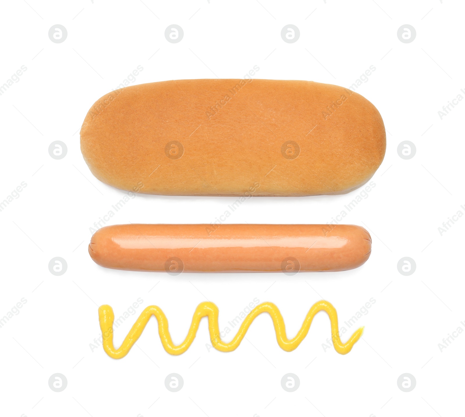 Bun, sausage and mustard isolated on white, top view. Ingredients for hot dog Photo of Bun, sausage and mustard isolated on white, top view. Ingredients for hot dog