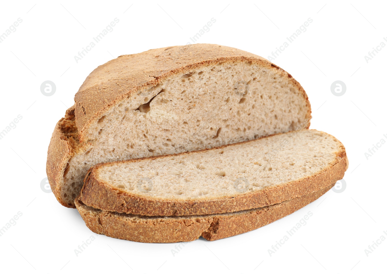 Photo of Freshly baked cut sourdough bread isolated on white