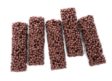 Photo of Delicious rice crispy treats isolated on white, top view