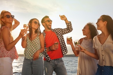 Photo of Group of friends with drinks having fun near river at summer party