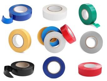 Image of Collage with insulating tapes in different colors on white background