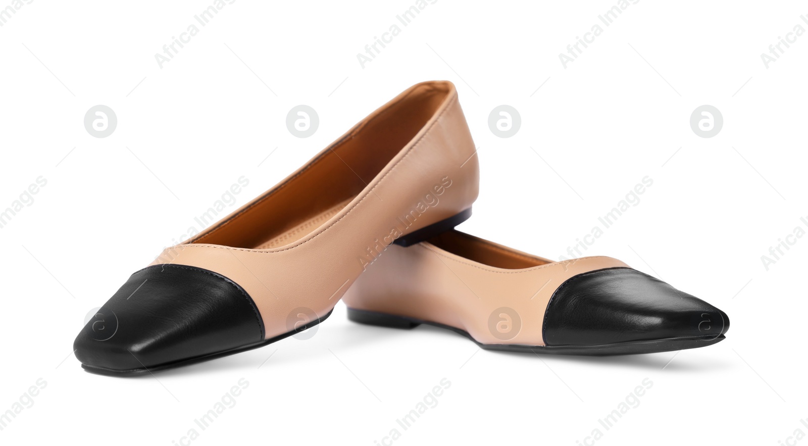 Photo of Pair of new stylish square toe ballet flats on white background