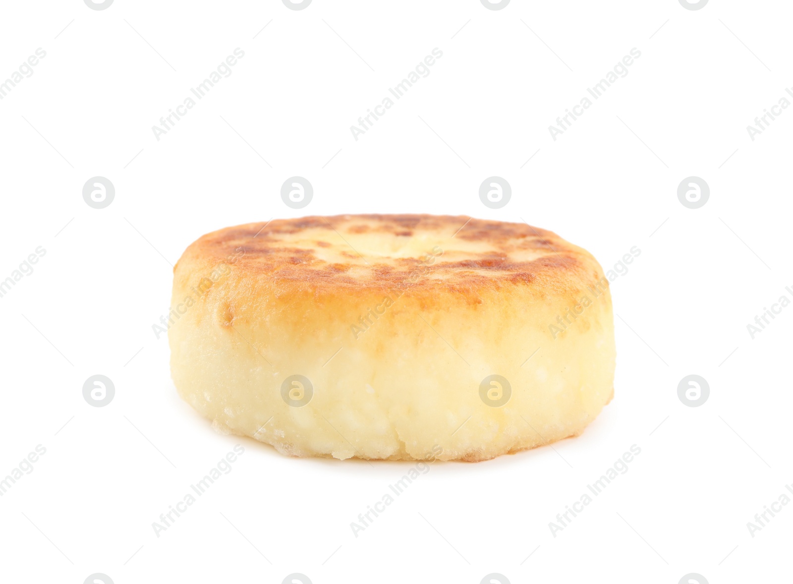 Photo of Delicious cottage cheese pancake isolated on white