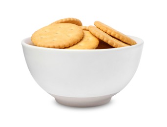 Photo of Tasty crackers in bowl isolated on white