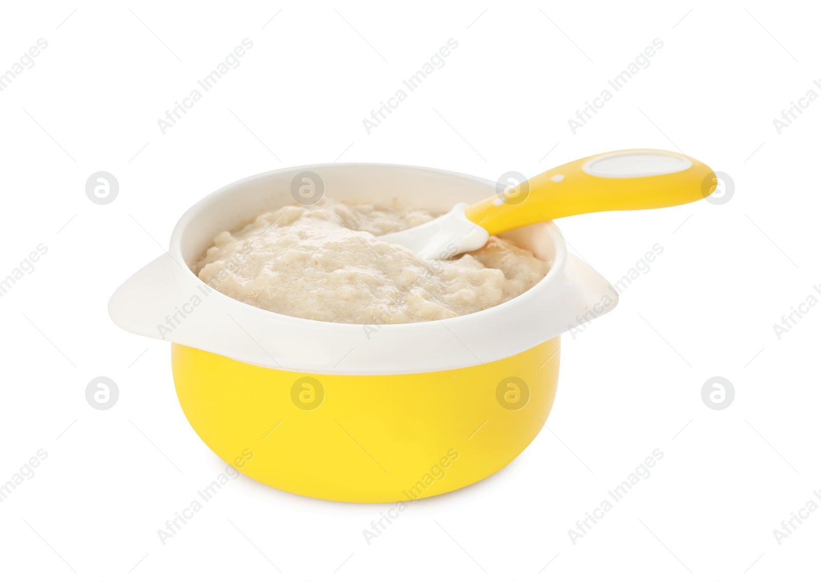 Photo of Plastic dishware with healthy baby food on white background