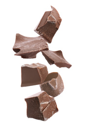 Image of Delicious chocolate chunks falling on white background