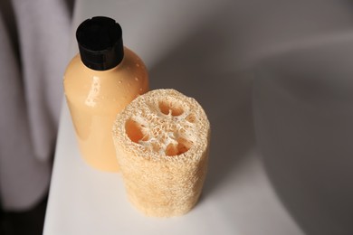 Photo of Natural loofah sponge and shower gel bottle on washbasin in bathroom, above view