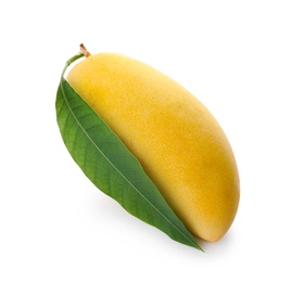 Fresh ripe mango with green leaf isolated on white