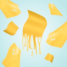 Image of Slices of cheese falling on light blue background