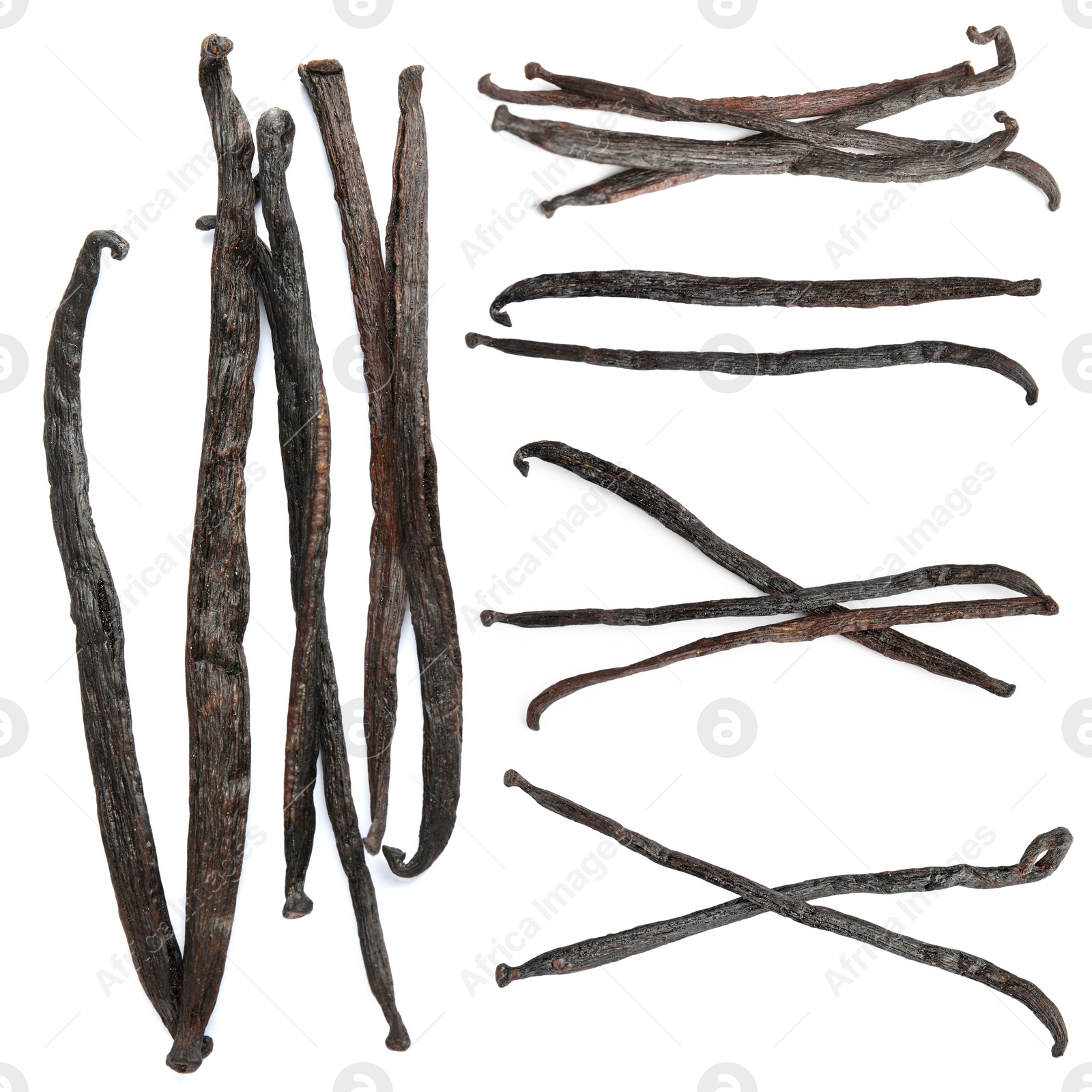 Image of Set with vanilla pods on white background, top view