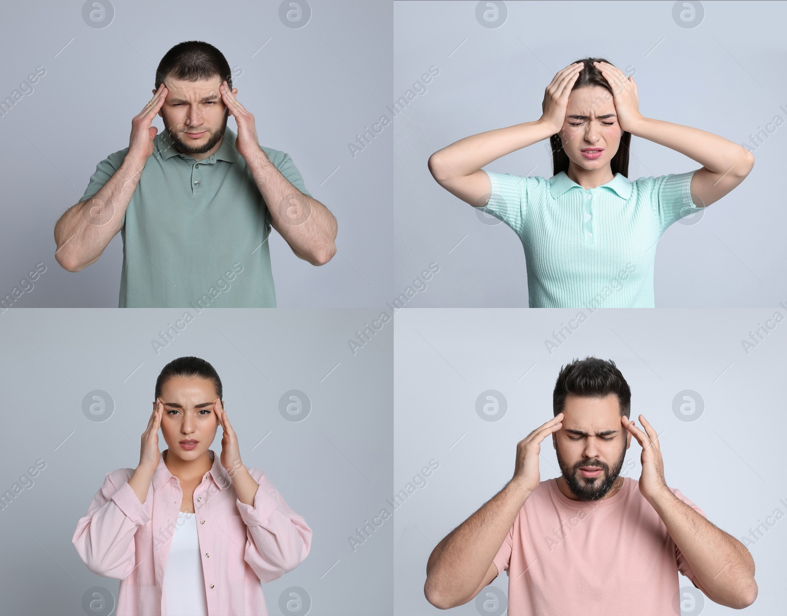 Image of Collage with photos of people suffering from headache on light grey background 