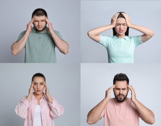 Collage with photos of people suffering from headache on light grey background 