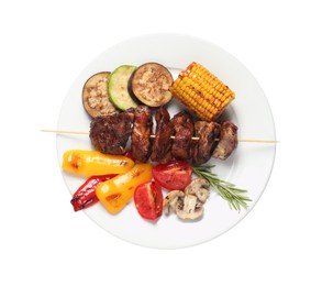 Photo of Delicious shish kebab, rosemary and vegetables isolated on white, top view