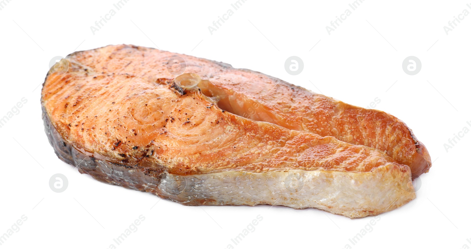 Photo of Tasty roasted salmon isolated on white. Fish delicacy