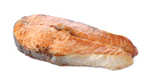 Photo of Tasty roasted salmon isolated on white. Fish delicacy