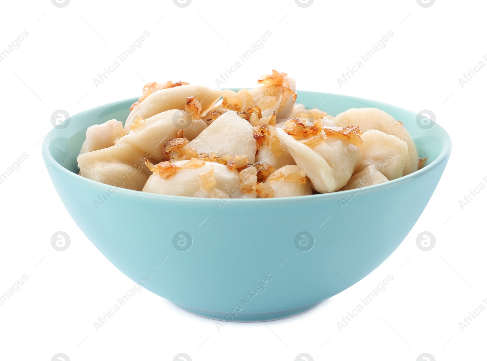 Photo of Delicious cooked dumplings in bowl on white background