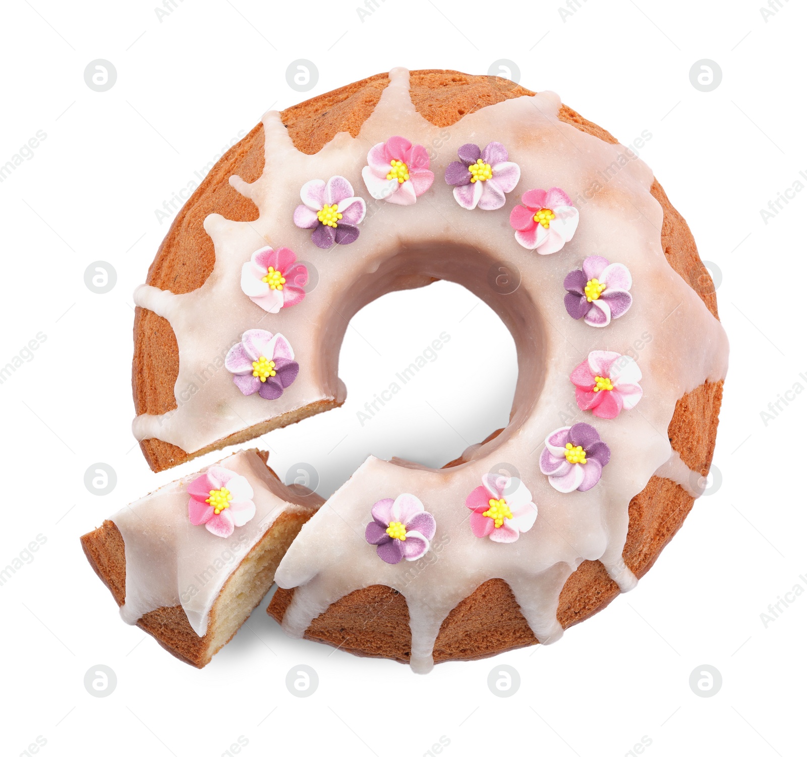 Photo of Festively decorated Easter cake on white background, top view