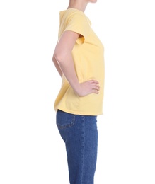 Young slim woman on white background, closeup. Weight loss