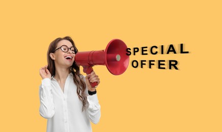 Image of Special offer. Young woman with megaphone on yellow background