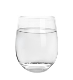 Glass of water with baking soda on white background