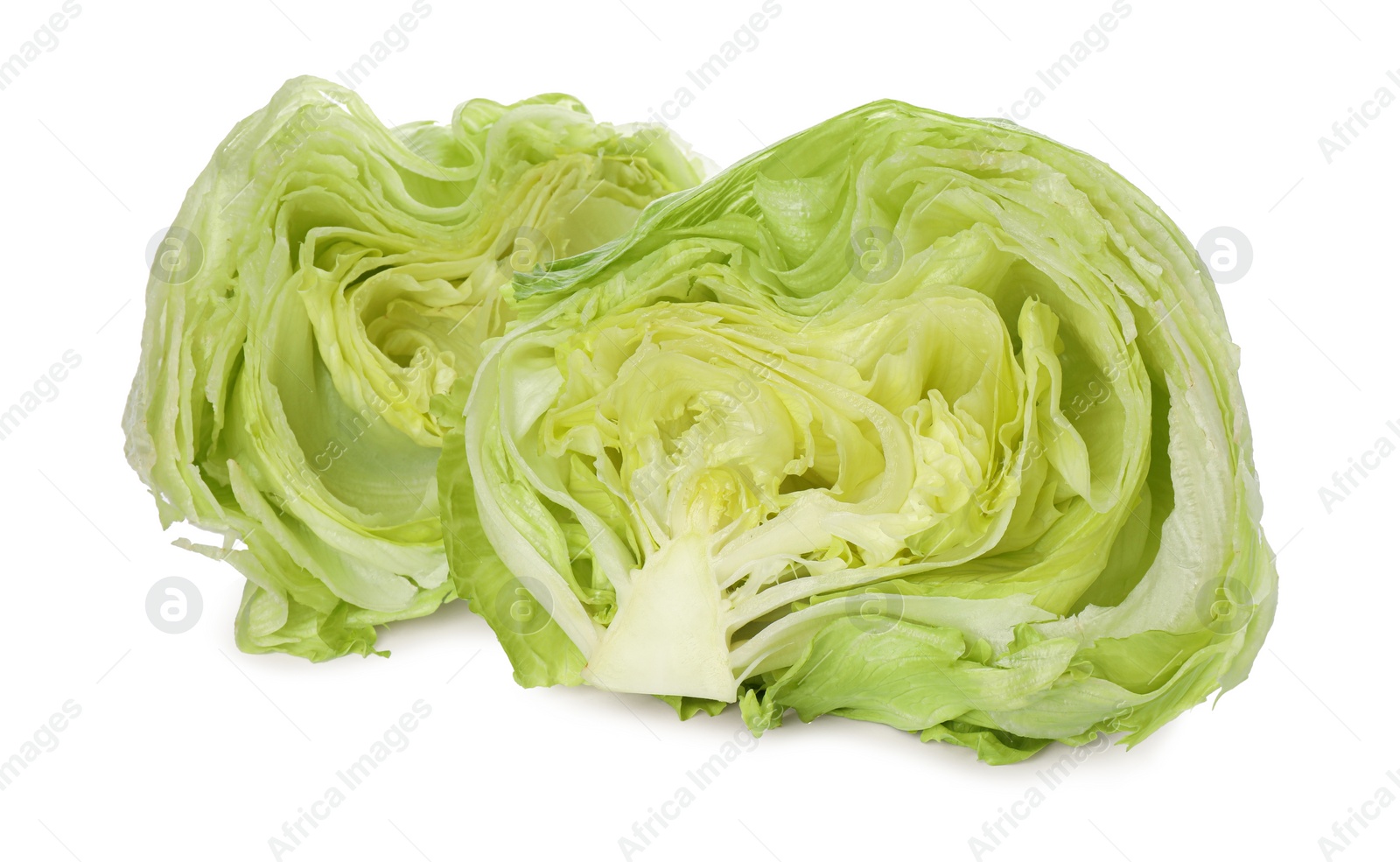 Photo of Halves of fresh green iceberg lettuce isolated on white