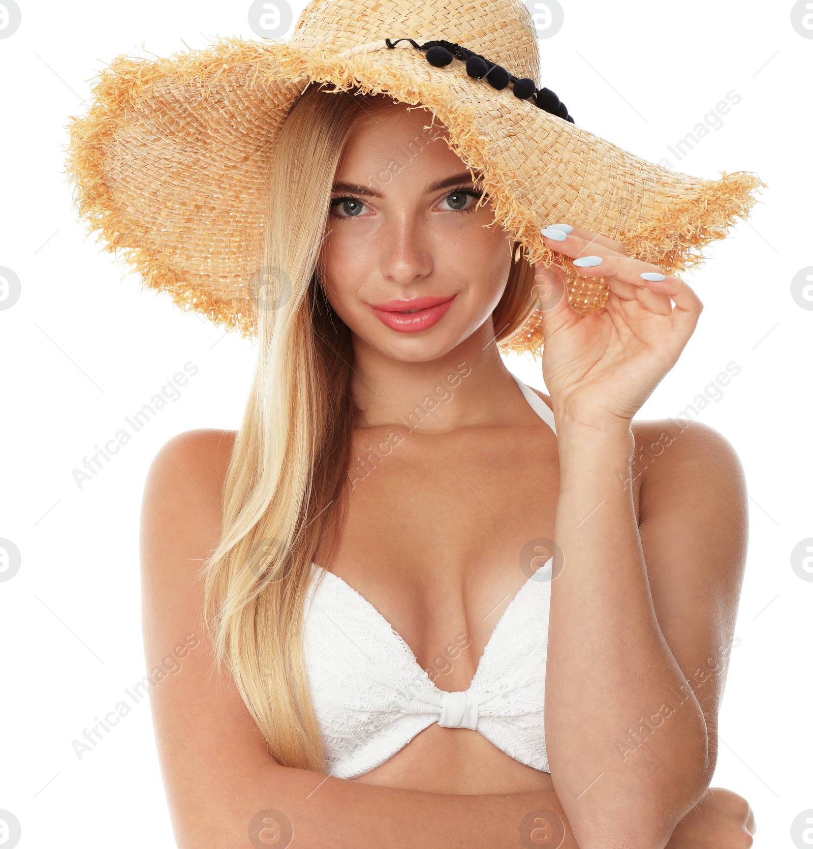 Photo of Pretty young woman wearing stylish bikini on white background