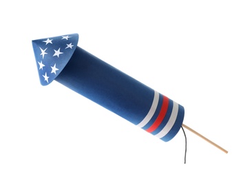 Photo of Firework rocket on white background. Festive decor