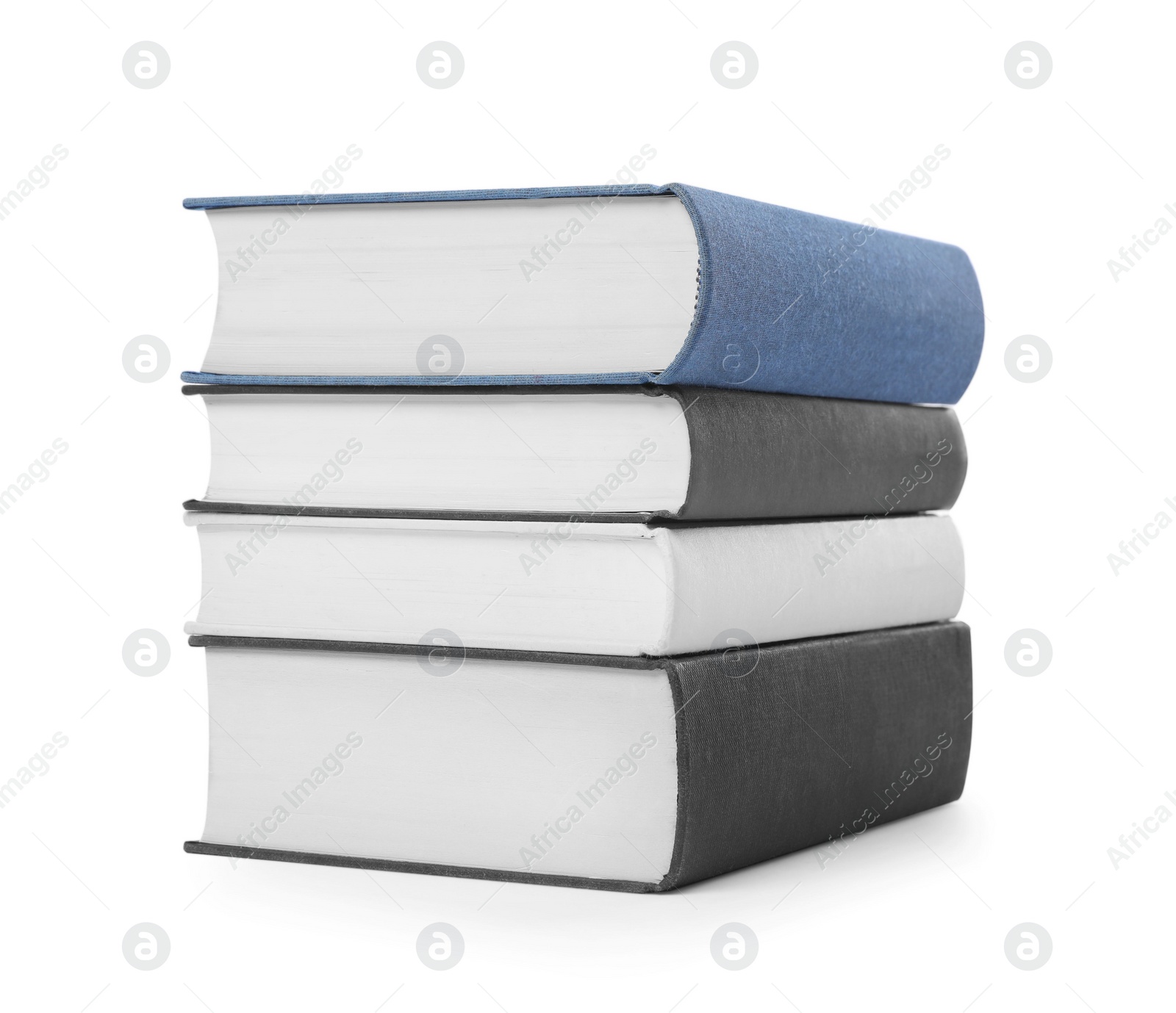 Photo of Stack of different hardcover books on white background